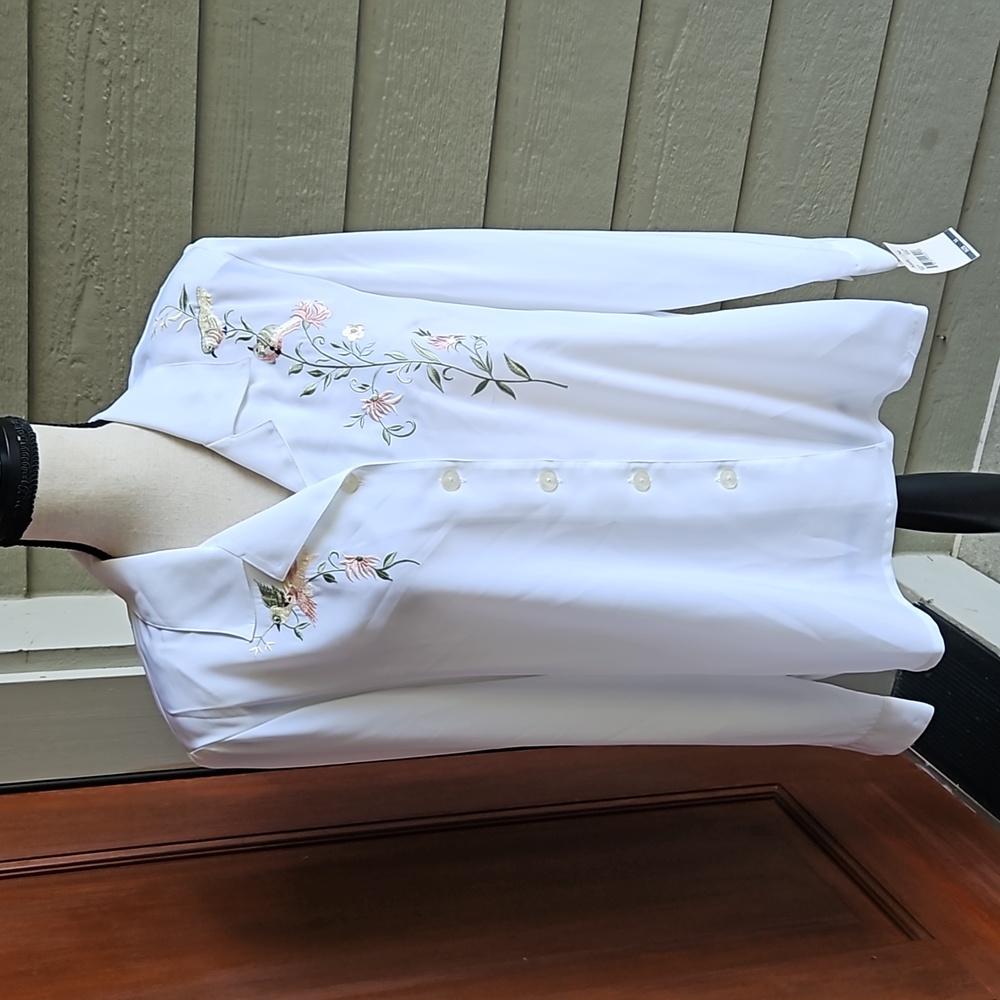 VINTAGE KATHY CHE BLOUSE BUTTON BIRD FLORAL SEMI-SHEER 14  LONGSLEEVE EMBROIDERY